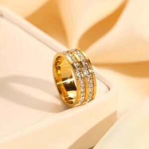 3/$35 Gold Plated Stainless Steel Double Row Rhinestone Band Fashion Ring